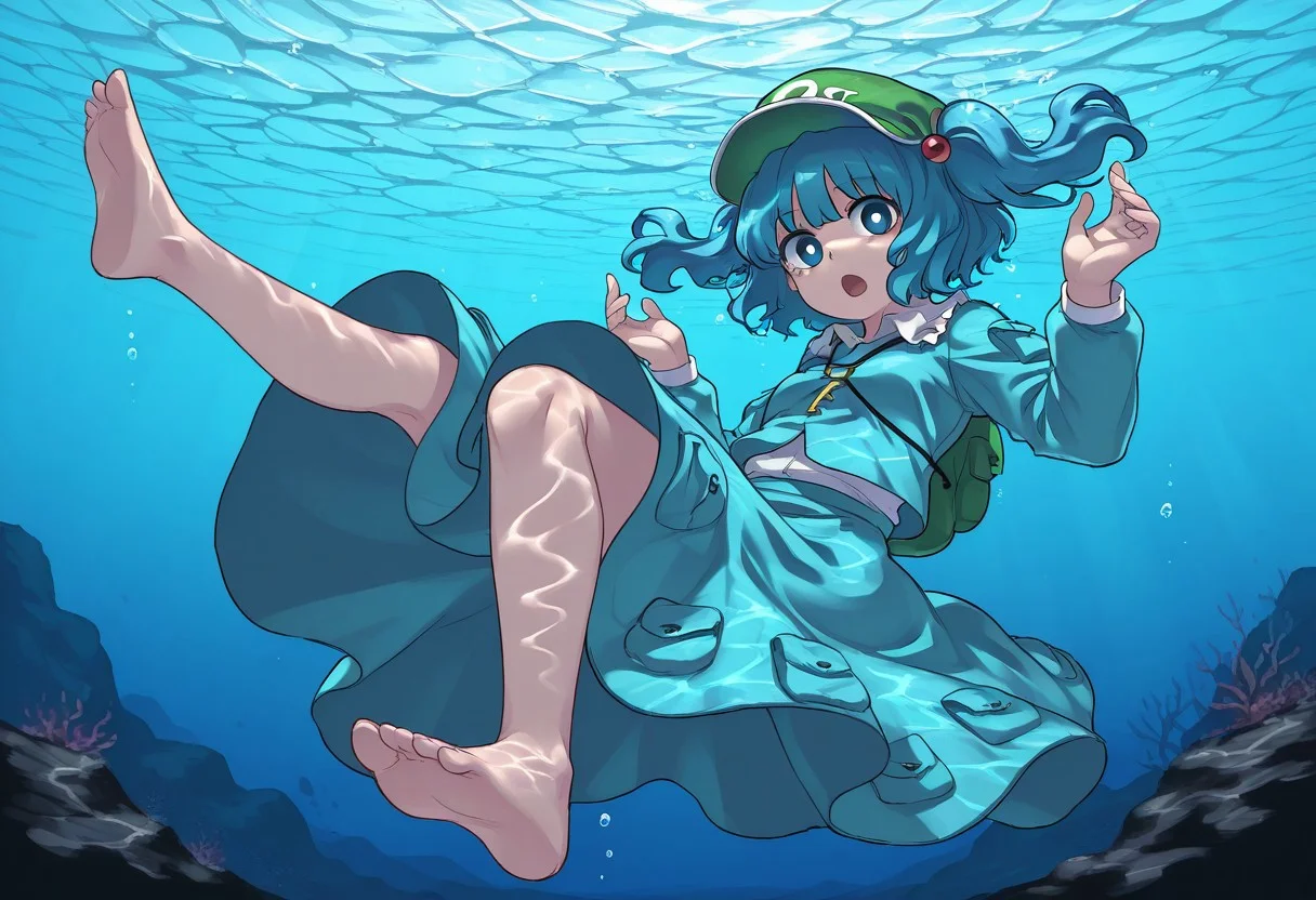 best quality, hires, from below, looking at viewer,
1girl, solo, kawashiro nitori,
hands up,
underwater, submerged, caustics, wavy hair,
open mouth, floating hair, floating clothes,
open mouth,
barefoot, dynamic pose,
air bubble, dappled sunlight, bright pupils,