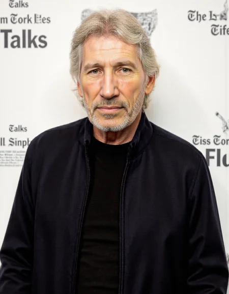 <lora:ROGER_WATERS:1>, This is a color photograph of an older man with white hair and a full, white beard, standing in front of a white backdrop adorned with repeated text. The text reads "The New York Times" and "Talks, " indicating a promotional or event-related setting. The man is wearing a dark-colored, zip-up jacket over a black shirt, which contrasts with his white hair and beard. His expression is neutral, and he appears to be looking directly at the camera. The lighting is even, highlighting his facial features and the textures of his clothing. The background is simple and clean, emphasizing the subject. The image captures a candid moment, likely taken at a talk or interview session, as suggested by the backdrop. The overall composition is straightforward, focusing on the subject with minimal distractions, allowing the viewer to focus on the man and his presence.