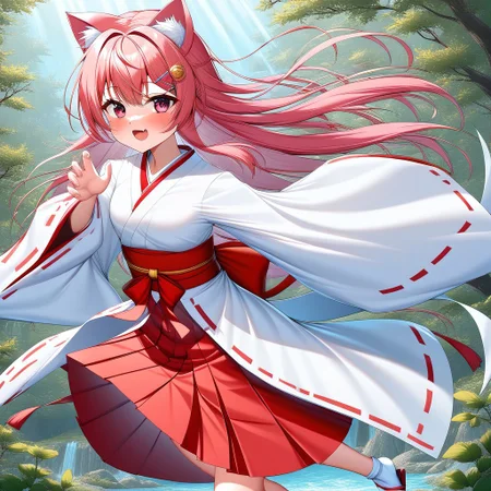 Aomokoka Style,nochekaisershot,
1girl,japanese clothes, hairclip, wide sleeves, ribbon trim, long sleeves, hakama skirt, miko, sleeves past wrists, red hakama, white kimono, tabi, ribbon-trimmed sleeves, pinching sleeves,yuika3,cat ears,Expressiveh,nochekaisershot,pink hair,solo,pink eyes,dyanamic pose,multiple random pose,standing,sitting