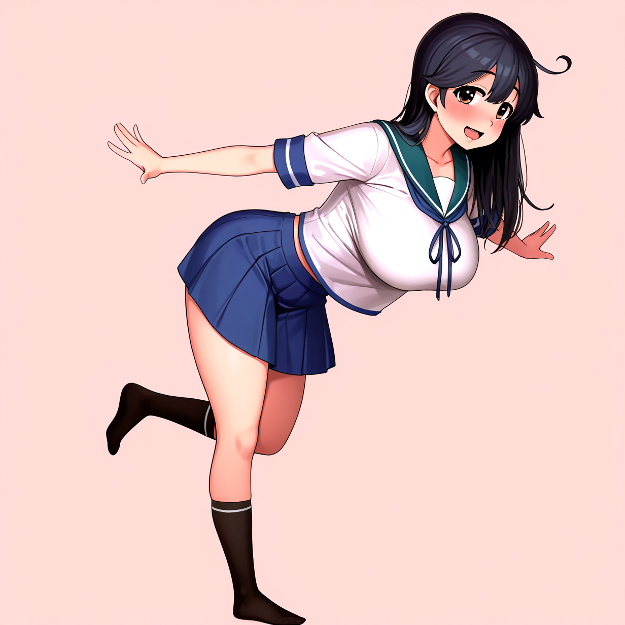 <lora:çä¹³ãã¾ãGyuunyuu_Umao_doujinshi:1.3>,1girl, ushio (kancolle), huge breasts, wide hips, kantai collection, :d, ahoge, black hair, black socks, blue sailor collar, blue skirt, blush, breasts, brown eyes, collarbone, from side, full body, hair between eyes, kneehighs, leaning forward, leg up, long hair, looking at viewer, midriff peek, neckerchief, no shoes, open mouth, outstretched arm, outstretched arms, pink background, pleated skirt, ribbon, sailor collar, school uniform, serafuku, shirt, short sleeves, skirt, smile, socks, solo, standing, standing on one leg, 
very awa, masterpiece, best quality, highres, absurdes,amazing quality,very aesthetic,intricate details, <lora:hand 5.5:1>