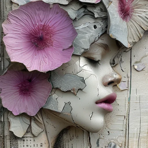 <lora:artfullyparched-v1-000014:1>,
old papert,aerial view,carved books,cracked,distressed edges,dreamy and romantic compositions,fine lines,in the style of broad palette knife marks,in the style of pale palette,in the style of rustic texture,letterboxing,organic sculpting,raw versus finished,rectangular fields,torn,whitewashed narratives,tarot art with flower carvings,apocalypse art,concept art,detailed rendering,dramatic,embossed paper,installation creator,light silver and light purple,light gray and magenta,neo-concrete art,this piece of art looks like a painted face,book art installations,dark white and light violet,daydreampunk,detailed textures,text-based mixed media,layered stencil work,in the style of floral surrealism,