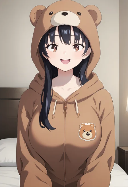 score_9, score_8_up, score_7_up, source_anime, in a bedroom
<lora:Anna_Yamada:1>Anna Yamada, long hair, black hair, brown eyes, mole on neck, bangs, large breasts, upper teeth only, big smile,
looking at the viewer, animal hood, bear ears, brown hoodie,