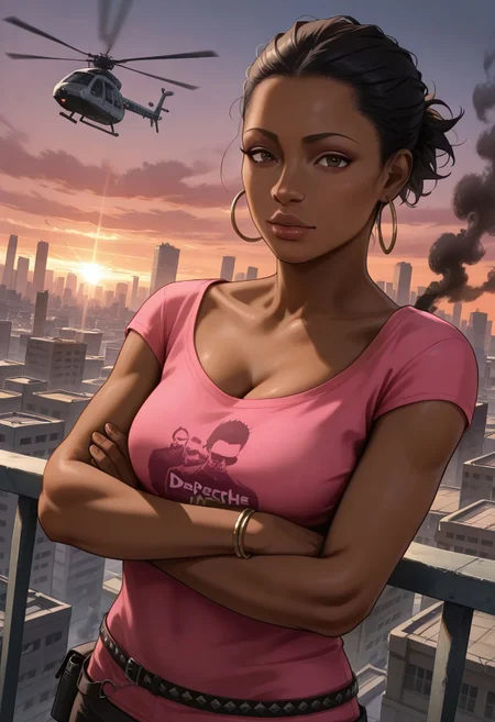 safe_pos, masterpiece, best quality, BREAK, dynamic angle, 1girl, solo, rochellel4d2, black hair, dark skin, pink shirt, hoop earrings, belt, cleavage, arms crossed, looking at viewer, rooftop. city, buildings on fire, smoke, helicopter, apocalypse, sunset, sunrays, detailed scenery