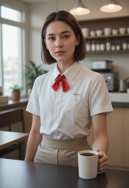 embedding:zPDXLrl, score_9, score_8_up, score_7_up, masterpiece, perfect face, perfect eyes, cafe employee, cashier girl, bare midriff, employee uniform, slim fit, flat chest, upper body, neck jewelry, open eyes, bow lips, table, dynamic pose, serving coffee, hands down to cashier table