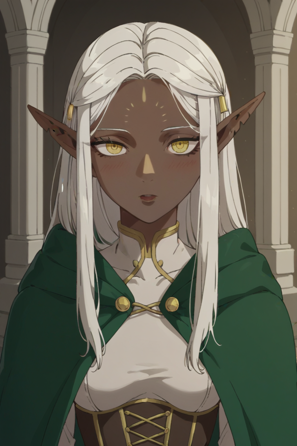 score_9, score_8_up, score_7_up, source_anime, 1girl, prefect lighting, very aesthetic, intricate details, highly detailed background, masterpiece, high quality, solo,
<lora:Cithis_V1.3-000007:.8>, dark elf, pointy ears, elf, forehead mark, grey skin, dark skin, dark-skinned female, yellow eyes, white hair, Cithis_V1.2, long hair, half-closed eyes, notched ear,
POV, front view, full body, white dress, gold corset, green cloak, gold trim dress, standing, 
Sunny, room, inside,
blush, expressionless, parted lips, looking at viewer, 
(Beautiful, medium Breasts:1.2), natural breasts,
