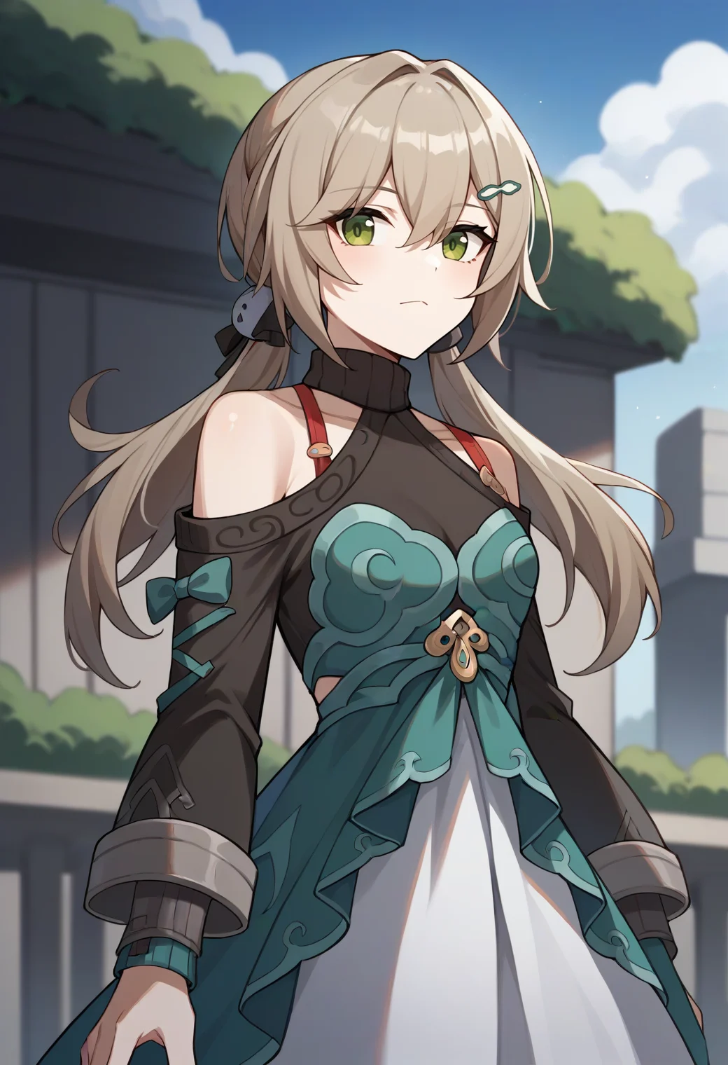 score_9,score_8_up,score_7_up,score_6_up,score_5_up,score_4_up, source_anime,
1girl, qingque \(honkai: star rail\), low twintails, hairpin, dress, shoulder cutout, turtleneck,
cowboy shot, outdoors, solo, straight-on, looking at viewer,
<lora:qingqueponyxl-10:1>
