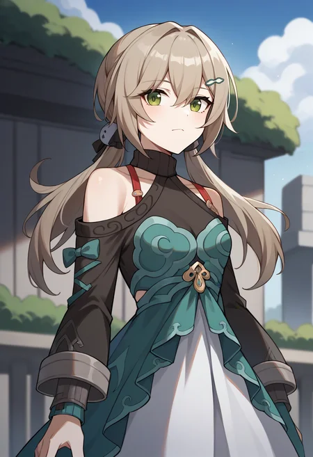 score_9,score_8_up,score_7_up,score_6_up,score_5_up,score_4_up, source_anime,
1girl, qingque \(honkai: star rail\), low twintails, hairpin, dress, shoulder cutout, turtleneck,
cowboy shot, outdoors, solo, straight-on, looking at viewer,
<lora:qingqueponyxl-10:1>
