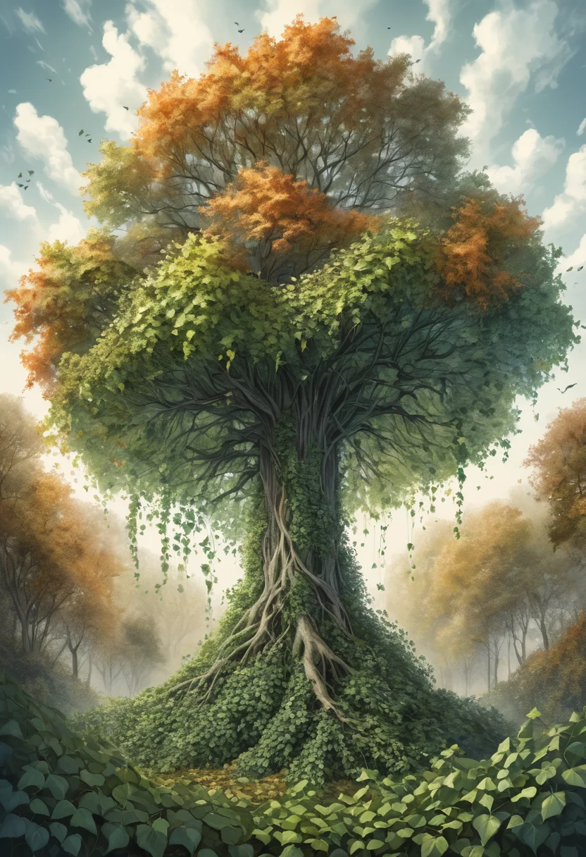 a tree overgrown with ivy, a cluster of saplings reaching toward the open sky, <lora:Artfully_TREES2-000003:0.6>, professional drawing, depth that evokes wonder, sketched with loose strokes, captured in dynamic perspective, washed in subtle gradients, autumn tones masterpiece, detailed, best quality, absurd resolution uhd, 8k,
