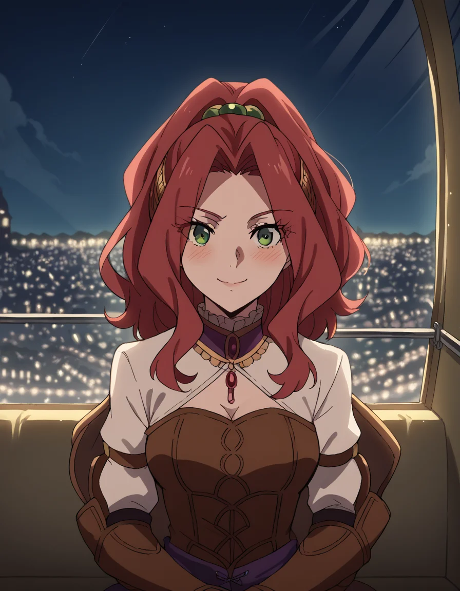 score_9, score_8_up, score_7_up, source_anime, <lora:malty-melromarc-s1s2s3-ponyxl-lora-nochekaiser:1>, malty melromarc, long hair, green eyes, red hair, parted bangs, ponytail, medium breasts,, <lora:ferris-wheel-interior-ponyxl-lora-nochekaiser:1>, ferris wheel interior, ferris wheel, gondola, cityscape, amusement park, city lights, night, fireworks, aeriel firworks, night sky, city, skyline, sky,, sitting, smile, blush, looking at viewer,,