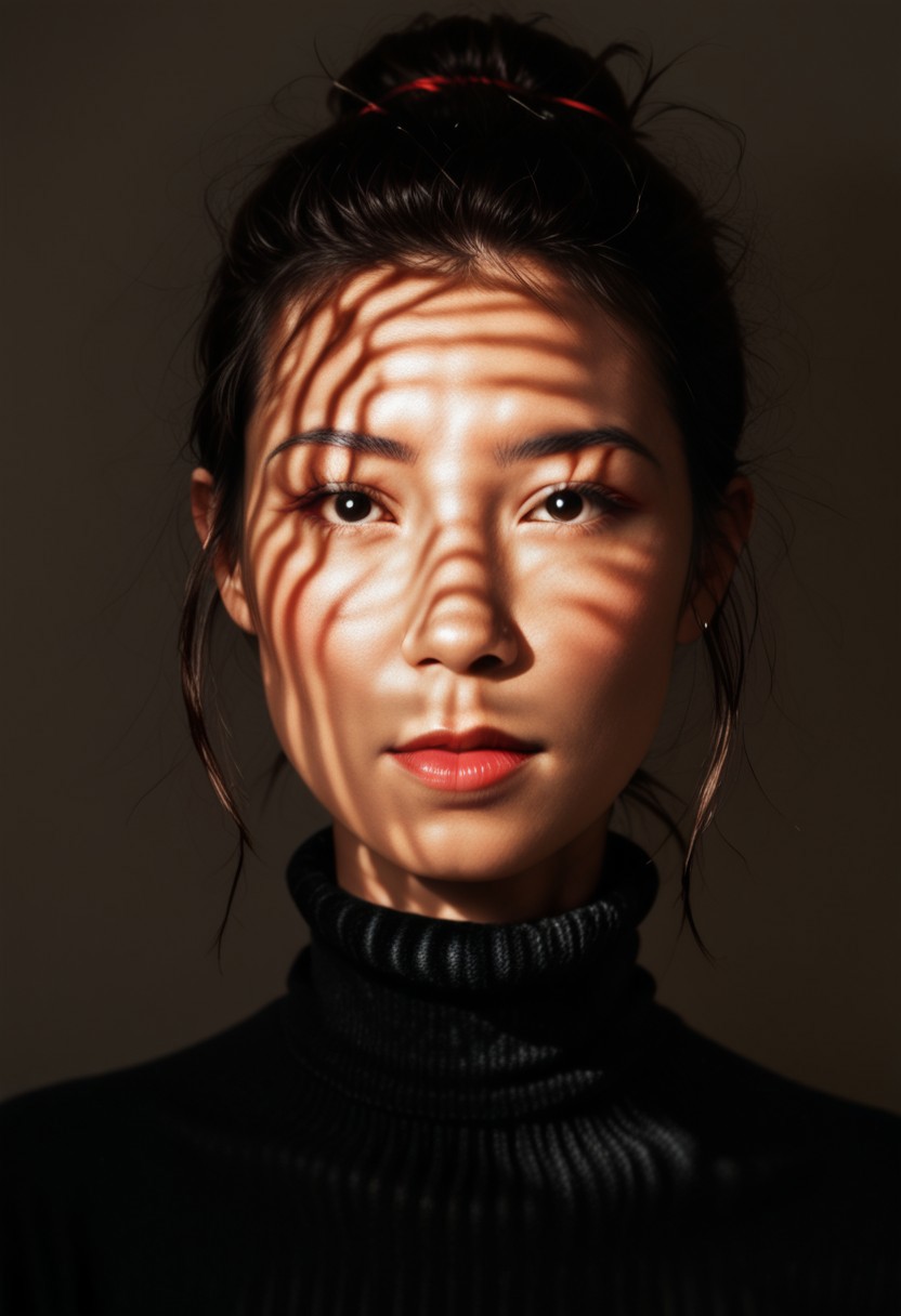 score_9, score_8_up, score_7_up, score_6_up, photorealistic, DRKDL, dramatic lighting, low key,  dark theme, spot color, shadows,
BREAK 
<('karen': ('Pretty Face'+'Manic Pixie'+'asian features'+'red lips',
'looking at viewer'+'black turtleneck'))>,