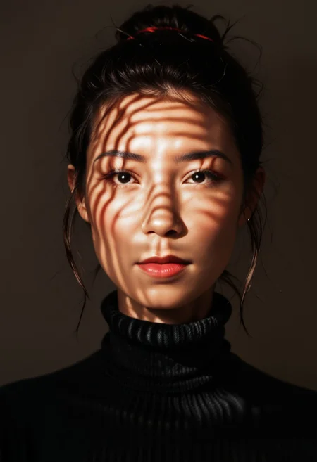 score_9, score_8_up, score_7_up, score_6_up, photorealistic, DRKDL, dramatic lighting, low key,  dark theme, spot color, shadows,
BREAK 
<('karen': ('Pretty Face'+'Manic Pixie'+'asian features'+'red lips',
'looking at viewer'+'black turtleneck'))>,