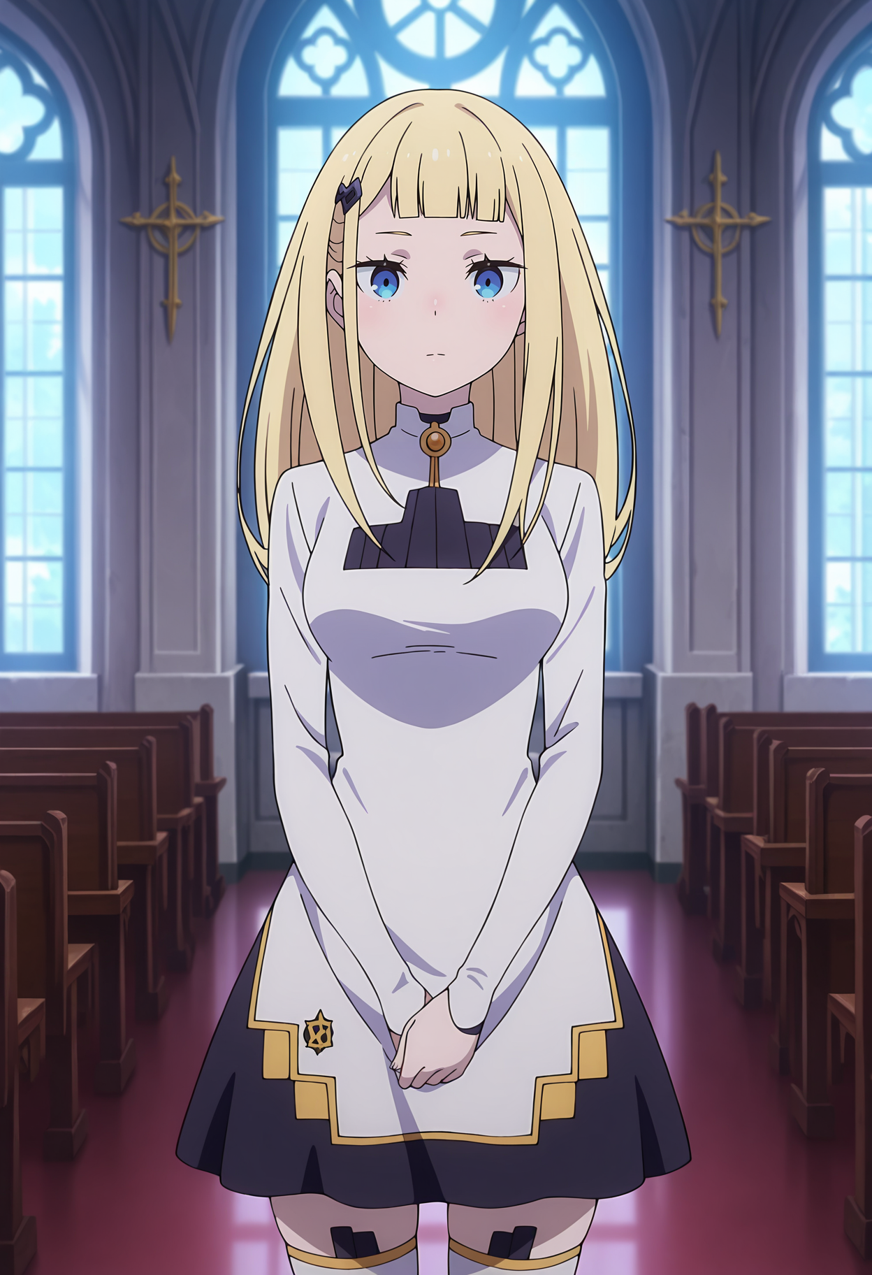 anime screencap, masterpiece, best quality,
<lora:ReZero_Sylphy_IlluXL:0.9>,
1girl, solo, closed mouth, expressionless,
blunt bangs, long hair, blonde hair, blue eyes, hairclip,
collared dress, brooch, short dress, multicolored dress, white dress, black dress, long sleeves, white thighhighs,
v arms, standing, looking at viewer, 
indoors, church, window, photo background, blurry background