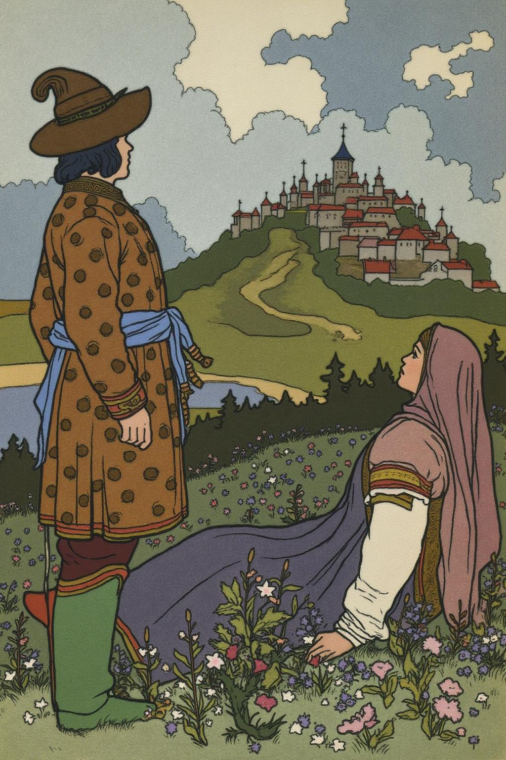 ivanbilibin1 illustration.
On the right is a richly dressed man show in side profile view.
On the left is a woman wearing a headscarf, lying on a field by full of wild flowers.
They are dressed in medieval attires, turning their heads to look at a distant city on a hill.
 <lora:ivanbilibin1_cap_d6a3:1.0><lora:835869445755778493:0>
