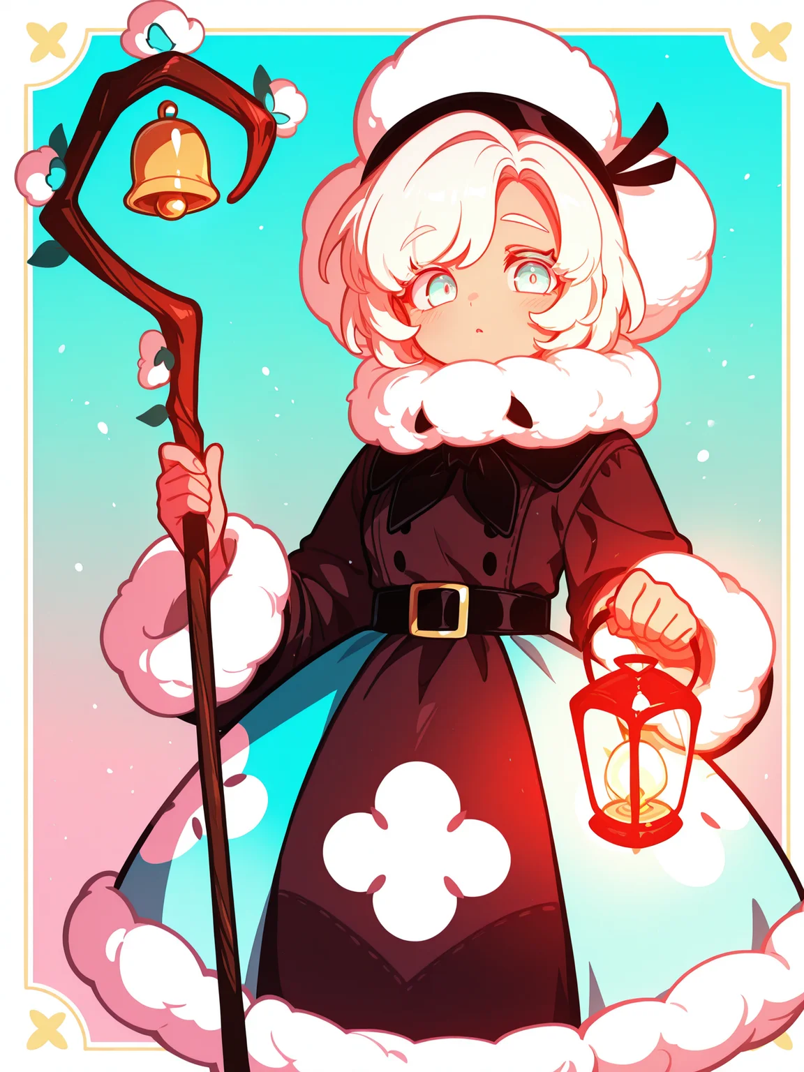 <lora:CCRKXL:1> CTCR, CTCR Def, 1girl, fur-trimmed dress, two-tone dress, fur hat, long sleeves, bell, holding staff, lantern, holding lantern, holding, ctn staff, light blue eyes,
<lora:cfg_scale_boost:0.5> [lazypos], inset border, cowboy shot, looking at viewer, gradient background, <lora:spo_sdxl_10ep_4k-data_lora_webui:0.4> <lora:retrocute:1>, <lora:omoyunakyu715-_style_Illustrious:0.4> omoyu_nakyu715,