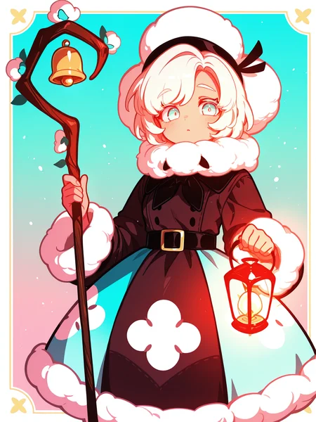 <lora:CCRKXL:1> CTCR, CTCR Def, 1girl, fur-trimmed dress, two-tone dress, fur hat, long sleeves, bell, holding staff, lantern, holding lantern, holding, ctn staff, light blue eyes,
<lora:cfg_scale_boost:0.5> [lazypos], inset border, cowboy shot, looking at viewer, gradient background, <lora:spo_sdxl_10ep_4k-data_lora_webui:0.4> <lora:retrocute:1>, <lora:omoyunakyu715-_style_Illustrious:0.4> omoyu_nakyu715,