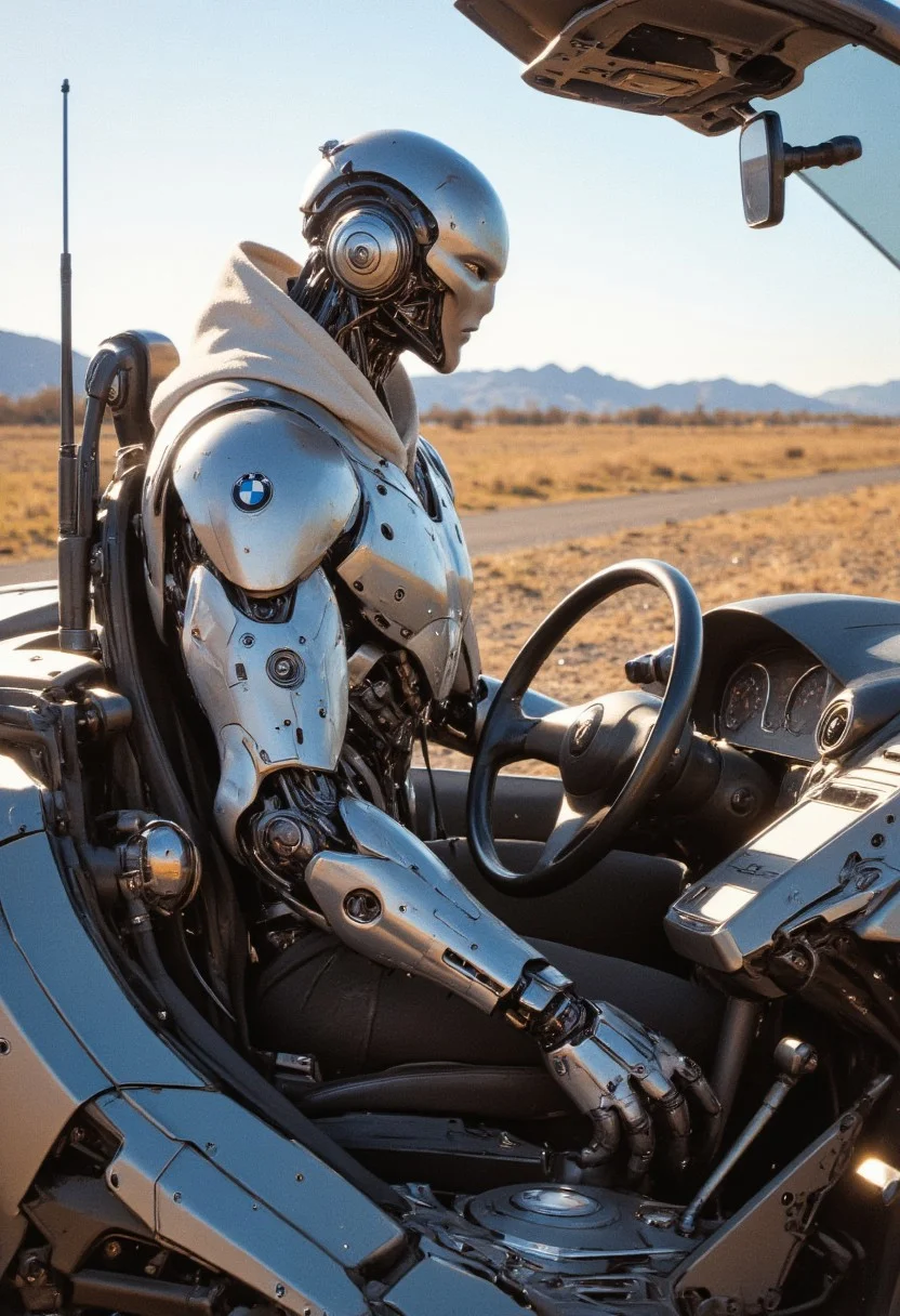 Robot wearing headphones and hoodie standing next sitting inside a BMW in a open field