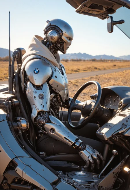 Robot wearing headphones and hoodie standing next sitting inside a BMW in a open field