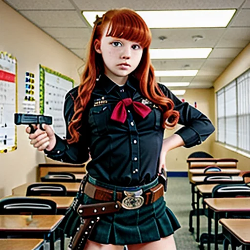 ((ultra-detailed)),  indoors, classroom, 1girl, solo, cowboy shot, (red hair), hair over one eye,  Glock17, shirt, skirt, bow ribbon, knee boots,  looking at viewer, looking down,(trigger dicipline), gun, gun to head, holding gun, <lora:glock17:0.6>