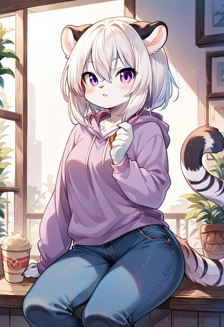 score_9, score_8_up, score_7_up, l3i_ph3, white hair, purple eyes, hoodie, jeans, source_furry, ntm,