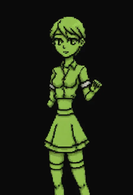((pixel sprite)) Standing before the blackboard, the new teacher at school commands attention. Her attire, a crisp unbuttoned satin blouse paired with a pleated skirt, is accented by the subtle allure of (laced stockings), adding a touch of fragile femininity to her slender authoritative presence in the classroom. She is revealing her perky protuberant femininity, exposing long narrow calves, (narrow waist), and her gently protuberant skinny curves with fragile, yet authoritative and distinguished femininity.