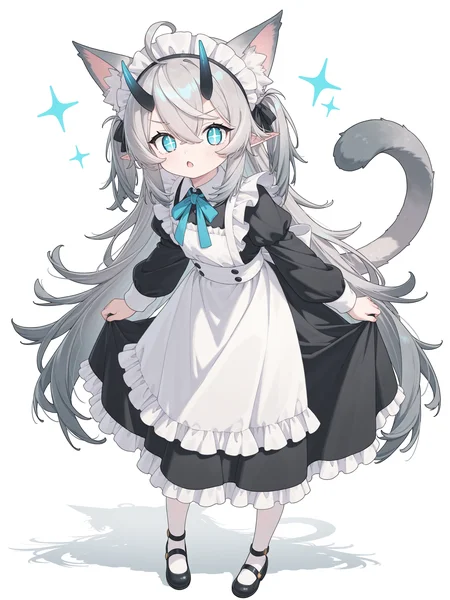 <lora:cuite:1>,Ñute girl,cat ears,+_+,blue eyes,grey hair,long hair,5 fingers,cat tail,maid,full body,
