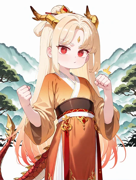 solo, 1girl, dragonian, blonde hair, red eyes, dragon horns, dragon tail, hanfu, looking at viewer, fist bump, hands up, scenery, cowboy shot, white background, sfw, general, masterpiece,best quality,newest,absurdres,highres,very aesthetic, very awa,