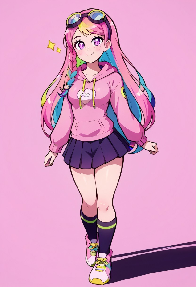1 cute girl, short, cute, goggles on head, large framed glasses, pale skin, full body, happy, long smooth hair, very long hair, pastel pink hair, rainbow highlights, flowy hair, long hair, braid, hair ornament, hairclip, side braid, single braid, very long wavy hair, swept bangs, large round eyes, hip length hair, large round eyes, lavender eyes, smooth face, freckles, round face, very cute face, small facial features, a slim figure, medium breasts, round breasts,
knee high walking boots, rainbow sneakers, DROWID, shoulders, Pink hoodie, pink pleated skirt, thigh socks,
looking at viewer, curvaceous, cute, best angle, smooth hair, sparkling hair, glowing skin, freckled skin, beautiful, high definition CG, (absurdres), extreme light and shadow, (detailed eyes), (shine), lighting, great composition, blush, dynamic pose, dynamic angle, 8k, sharp, superb lining, masterpiece, detailed anatomy,