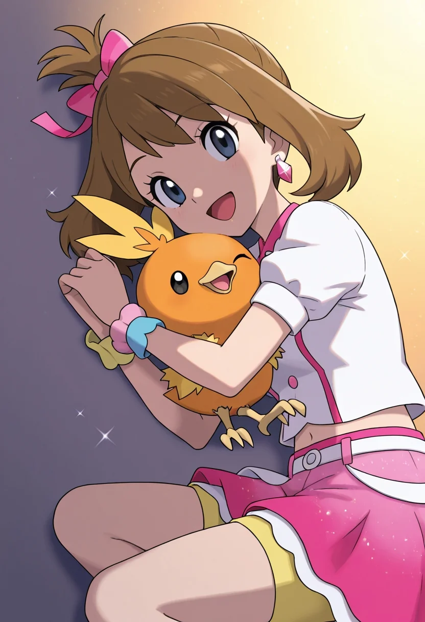 embedding:zPDXL3, anime coloring, masterpiece, best quality, absurdres, depth, intricate details, newest, (volumetric lighting),soft lighting, cute pose, cuddling, holding in arms, girl holding small creature, looking at viewer, warm lighting, glow, sparkles,  BREAK   may, idol, 1girl, happy,blue eyes, shirt, skirt, brown hair, ribbon, single ponytail, jewelry, white shirt, hair ribbon, short sleeves, hair bow, earrings, medium hair, midriff, bracelet, eyelashes, sparkle, buttons, pink bow, pink skirt, pink ribbon, yellow ribbon, wrist scrunchie, shorts under skirt, shorts, jaggy lines,  BREAK   Torchic, pokemon \(creature\), black eyes, open mouth, being held, small creature, resting in arms, close to girl <lora:[ILL][火雉雞-Xeranah]Torchic:0.6000000000000001> <lora:[ILL][小遙-ArtistIA]May_-_Pokémon_Illustrious:1.0000000000000002>