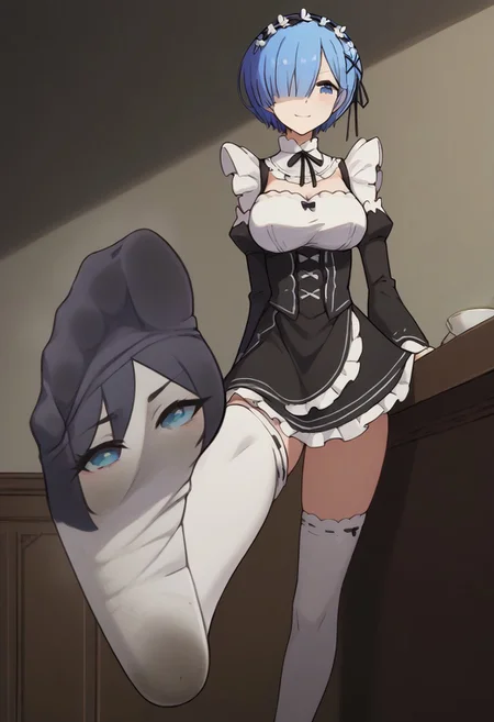 score_9, score_8_up, score_7_up, source_anime, <lora:rezero-rem-s1-ponyxl-lora-nochekaiser:1>, rem, blue eyes, blue hair, hair ornament, hair over one eye, hair ribbon, short hair, x hair ornament, large breasts,, apron, black bow, black dress, black ribbon, bow, detached sleeves, dress, frilled apron, frilled sleeves, frills, juliet sleeves, long sleeves, dirty white socks with dirty soles, smelly socks, maid, neck ribbon, puffy sleeves, ribbon, roswaal mansion maid uniform, thighhighs, two-tone dress, waist apron, white bow, white dress, white thighhighs,, indoors, bent over, smile, smug, looking at viewer, solo,, cowboy shot, dutch angle, foot focus, lifted leg, perfect anatomy
(Living socks, detailed faces on socks, detailed eyes on soles of socks, only eyes on soles of socks, 4k quality)