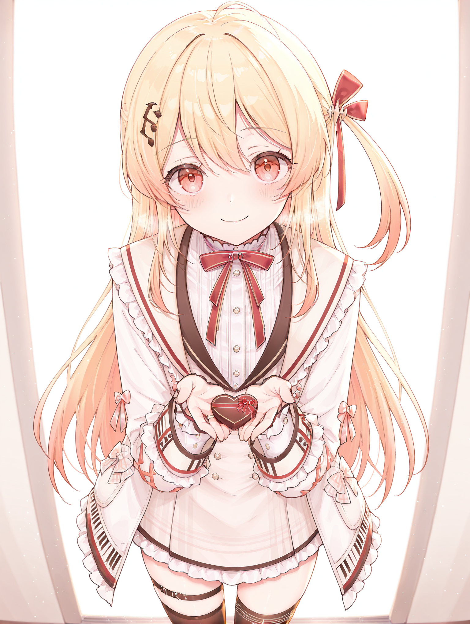 masterpiece,best quality,amazing quality, 1girl, kanade otonose, solo, blonde hair, long hair, red eyes, hair ornament, long sleeves, looking at viewer, bangs, virtual youtuber, dress, bow, red bow, thighhighs, jacket, white jacket, smile, valentine in hand <lora:Kanade_Otonose:1>