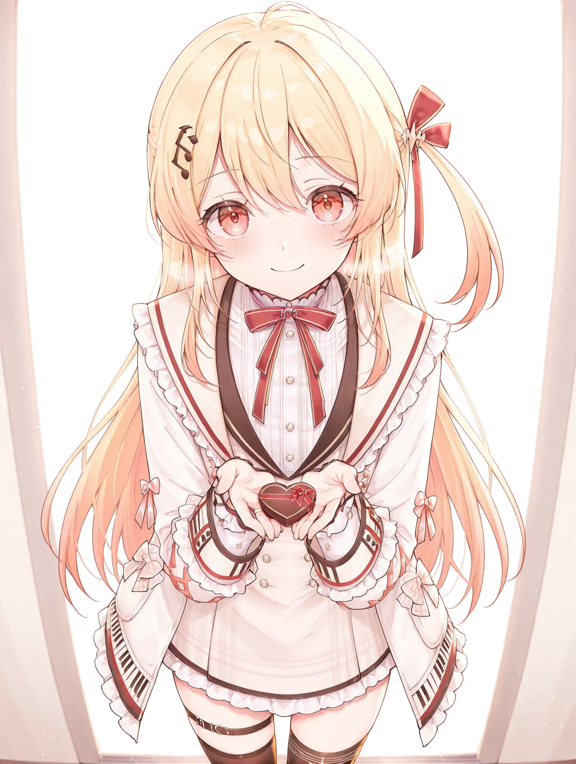 masterpiece,best quality,amazing quality, 1girl, kanade otonose, solo, blonde hair, long hair, red eyes, hair ornament, long sleeves, looking at viewer, bangs, virtual youtuber, dress, bow, red bow, thighhighs, jacket, white jacket, smile, valentine in hand <lora:Kanade_Otonose:1>
