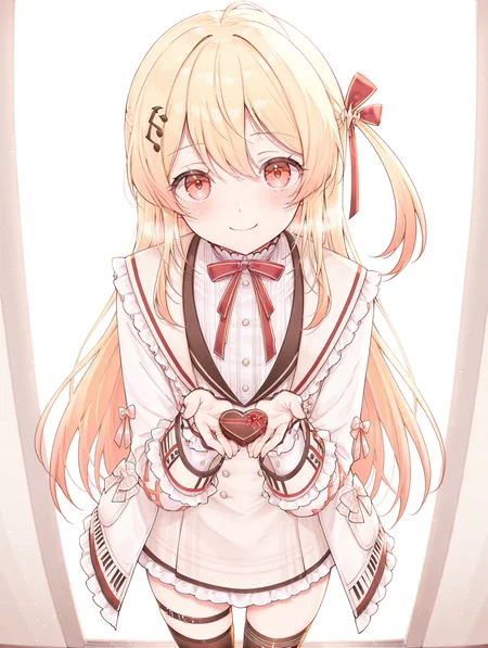 masterpiece,best quality,amazing quality, 1girl, kanade otonose, solo, blonde hair, long hair, red eyes, hair ornament, long sleeves, looking at viewer, bangs, virtual youtuber, dress, bow, red bow, thighhighs, jacket, white jacket, smile, valentine in hand <lora:Kanade_Otonose:1>