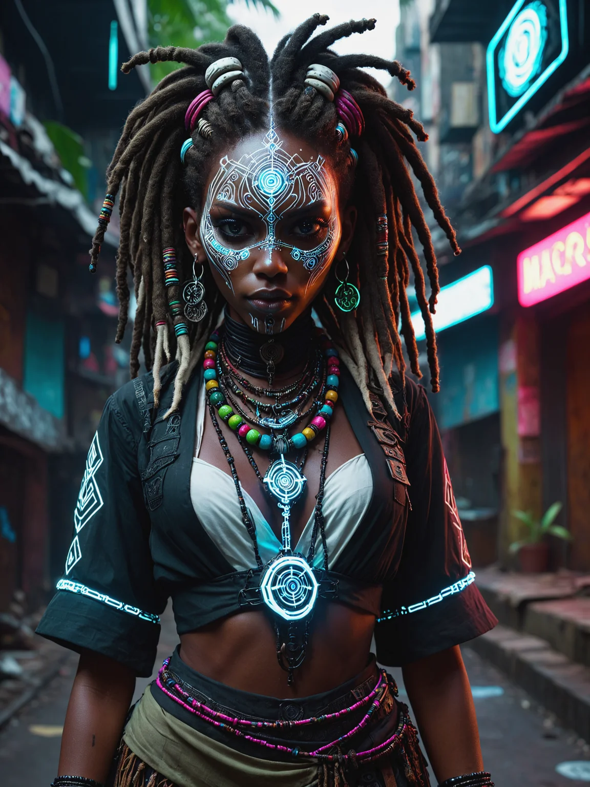 woman holding talisman, cyberpunk,Caribbean, white face paint, blouse, jungle, dread locks, beads, magic dark skin, mad-vdprst , night, neon signs, garbage, haze, dynamic pose <lora:Neon_Cyberpunk_Voodoo_Mage_SDXL:0.8>, (masterpiece:1.2), best quality