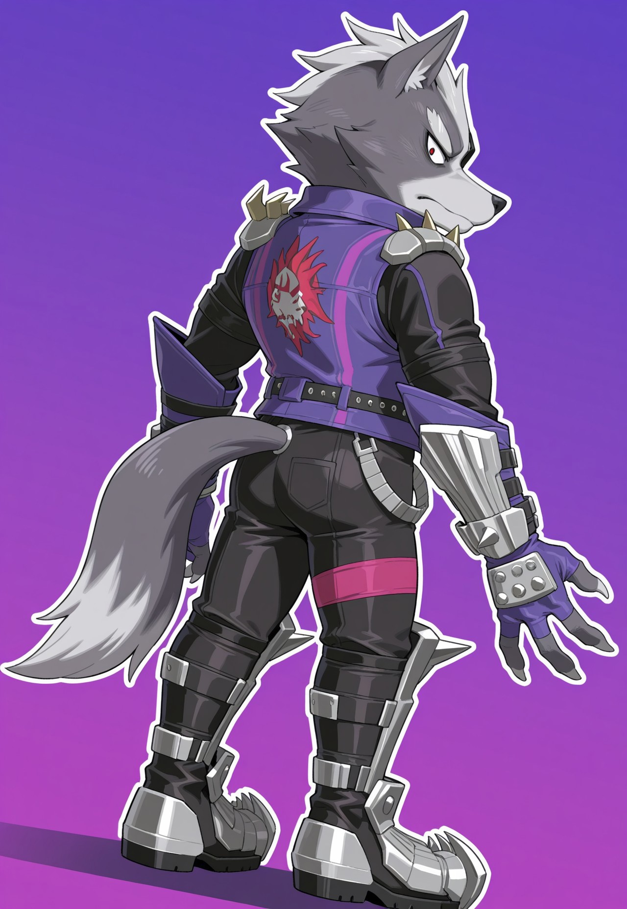 masterpiece, best quality,amazing quality, bold lines, white outline, abstract purple background, full body, from behind, dynamic angle, from side, side angle, solo, Wolf O'Donnell, Red Eye, Eyepatch On Right Eye, Purple Sleeveless Jacket, Black Bodysuit, Purple Fingerless Gloves, Metal Boots, looking at viewer, half closed eye, closed mouth, anthro, mature male, wolf tail