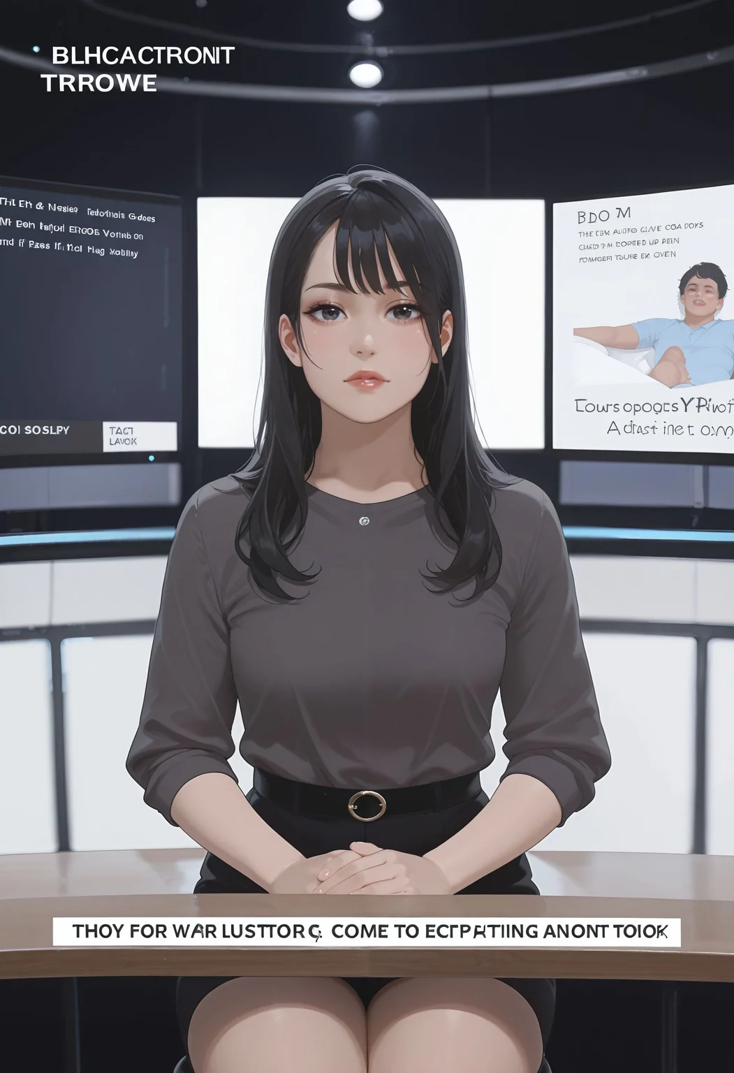 1girl, 
newscaster, announcer, female announcer, news, breaking news, black hair, 
talking to viewer, 
own hands together, 
english text, 
sitting, pov across table, 
looking at viewer, cowboy shot, screen, studio, 
<lora:newscaster_illustrious:0.7>