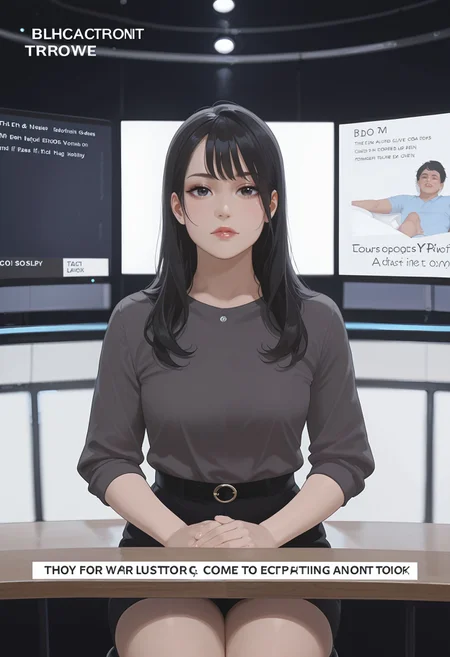 1girl, 
newscaster, announcer, female announcer, news, breaking news, black hair, 
talking to viewer, 
own hands together, 
english text, 
sitting, pov across table, 
looking at viewer, cowboy shot, screen, studio, 
<lora:newscaster_illustrious:0.7>
