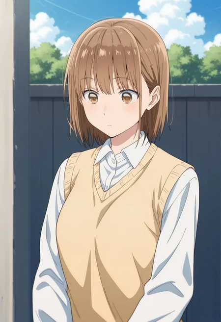 masterpiece,best quality,amazing quality,
chinatsu, 1girl, solo, brown eyes, brown hair, bangs, school uniform, shirt, white shirt, collared shirt, long sleeves, sweater vest, yellow vest, outdoor, sky, day, upper body,