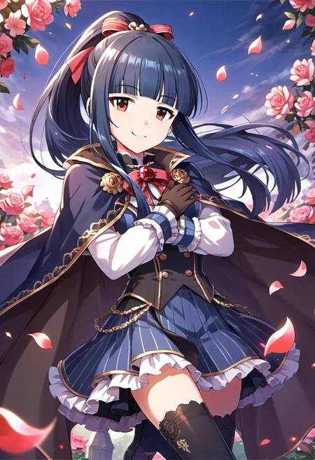 score_9, score_8_up, score_7_up, source_anime, sajou yukimi, long hair, blue hair, red eyes, 1girl, thighhighs, gloves, solo, smile, ponytail, cape, black hair, flower, petals, blunt bangs, ribbon