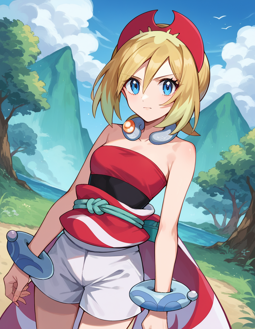 score_9, score_8_up, score_7_up, source_anime,
pokemonirida, <lora:pokemon-irida-ponyxl-lora-nochekaiser:1>
pokemonirida, blonde hair, blue eyes, hair between eyes, medium hair,
bracelet, hat, jewelry, neck ring, red headwear, red shirt, sash, shirt, shorts, strapless, strapless shirt, waist cape, white shorts,
outdoors, nature,
looking at viewer, cowboy shot, dutch angle,