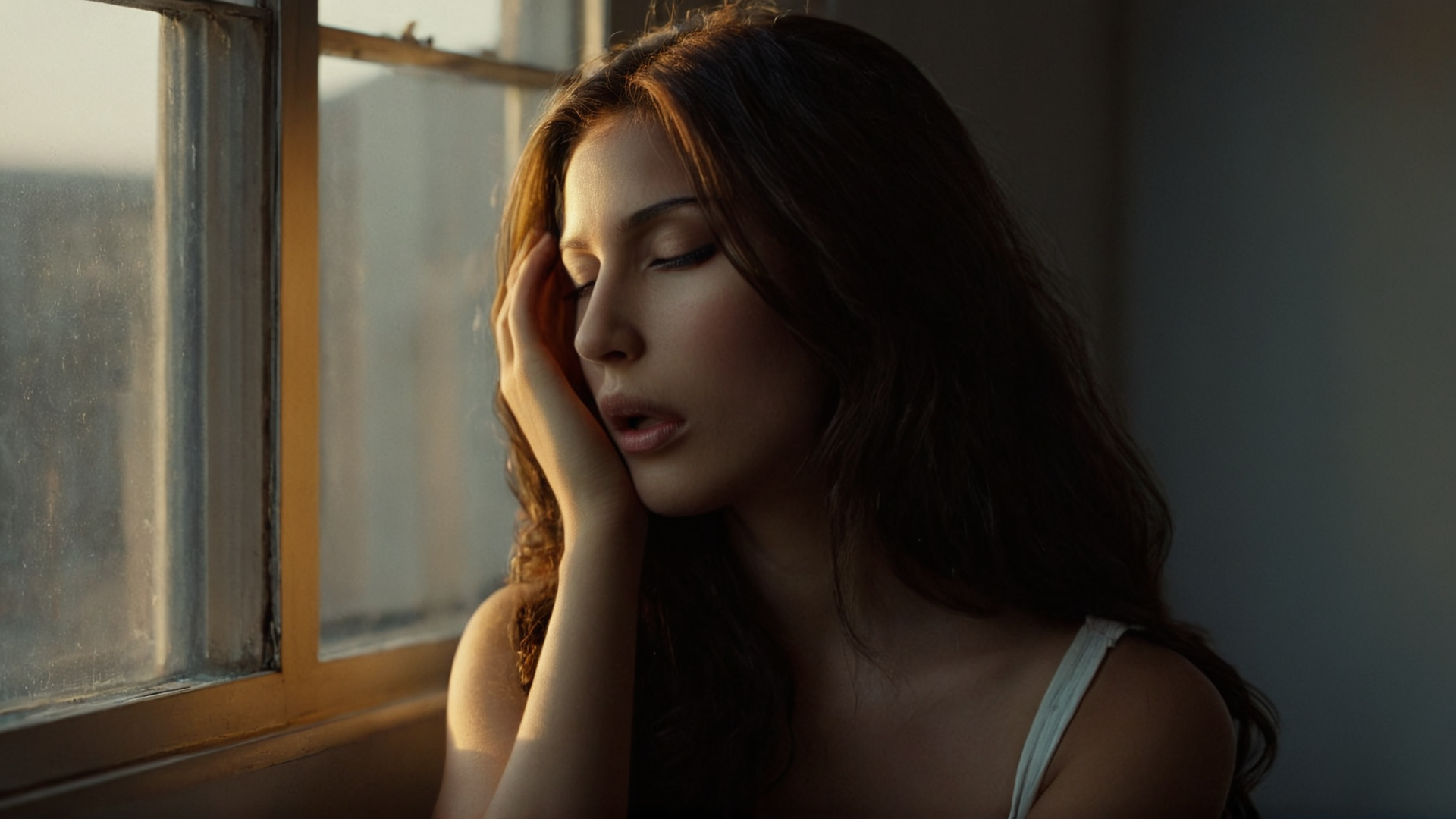 cinematic film still of <lora:add-detail-xl:0.1>1
<lora:detailed:0.3> realism
<lora:perfection style:0.2> perfect
<lora:eyetune:0.6>
<lora:xl_more_art-full_v1:0.3>
<lora:Ron Fricke style:0.3>
<lora:Unreal Engine style:0.3>
<lora:TeethXL:0.3>
<lora:Chiaroscuro Lighting Style:0.3> Chiaroscuro Lighting Style
 <lora:warm light style:1>
A beautiful cinematic warm light scene of a woman with her hands on her head, golden hour, movie themed, sharp, detailed, epic cinematic photography cinematography style, artistic, dramatic light, cinematic color style, Kodak, 35mm film style, 3200k lighting style, warm light style, 1girl, solo, long hair, open mouth, brown hair, black hair, closed eyes, teeth, dark skin, mole, lips, window, portrait, mole under mouth, facing viewer, backlighting, realistic, hands on own head, photorealistic
, shallow depth of field, vignette, highly detailed, high budget, bokeh, cinemascope, moody, epic, gorgeous, film grain, grainy