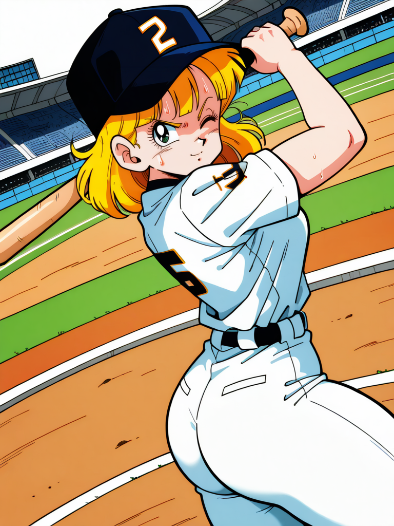 highres, hi res, best quality, masterpiece, intricate details, absurdres,, YamamotoXLP, simple white background, retro artstyle, comic,
1girl, holding a baseball bat, stadium, sweat, cap, baseball uniform, medium breasts, narrow waist, thick thighs, looking at viewer, cowboy shot, dynamic pose, cute, wide shot, solo, sexually suggestive, light smile, one eye closed, angry, dutch angle, from side, ass,,
 <lora:YamamotoXL_Style-12-IL:1>
