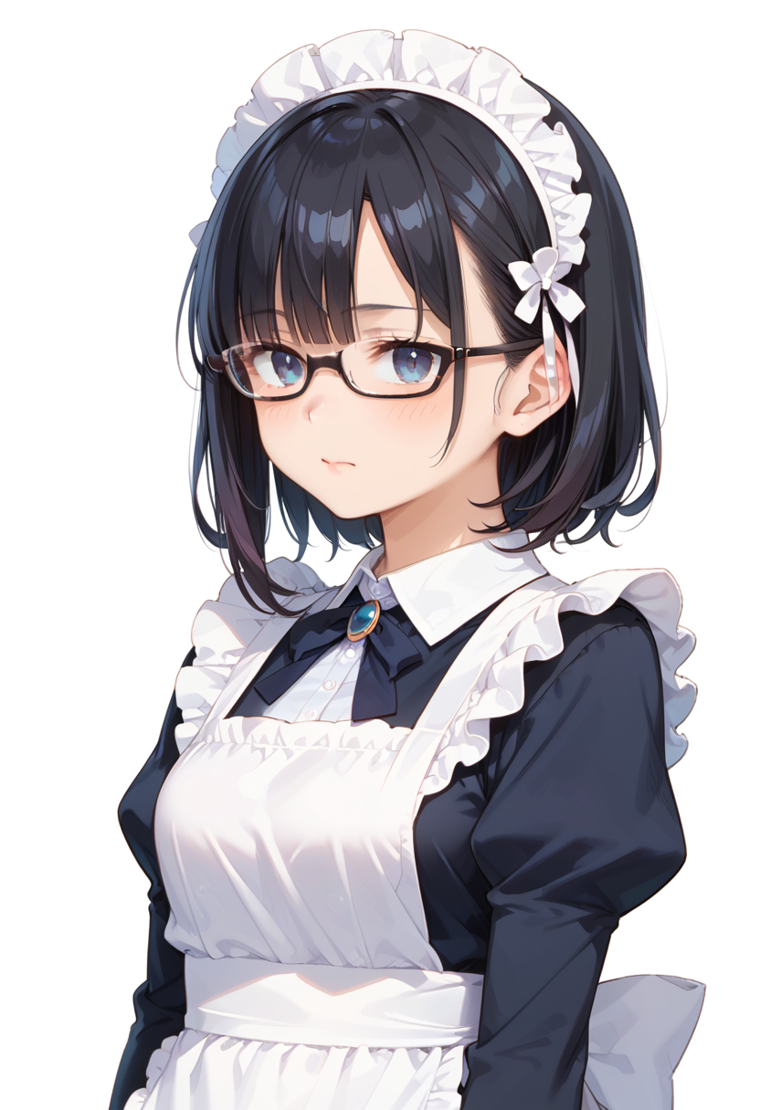 score_9, score_8_up, score_7_up, rating_safe, masterpiece, best quality, absurdres, unity 8k wallpaper, official art, official style, source_anime, uncensored, game cg, megami magazine,
1girl, solo, black hair, medium hair, upper body, covered eyes,maid, maid headdress, black dress, maid apron, face focus,
underrim_cell, glasses, still life, white background, simple background, under-rim eyewear, black-framed eyewear, 
 <lora:glasses_underRimCell_PONY_V1:1>