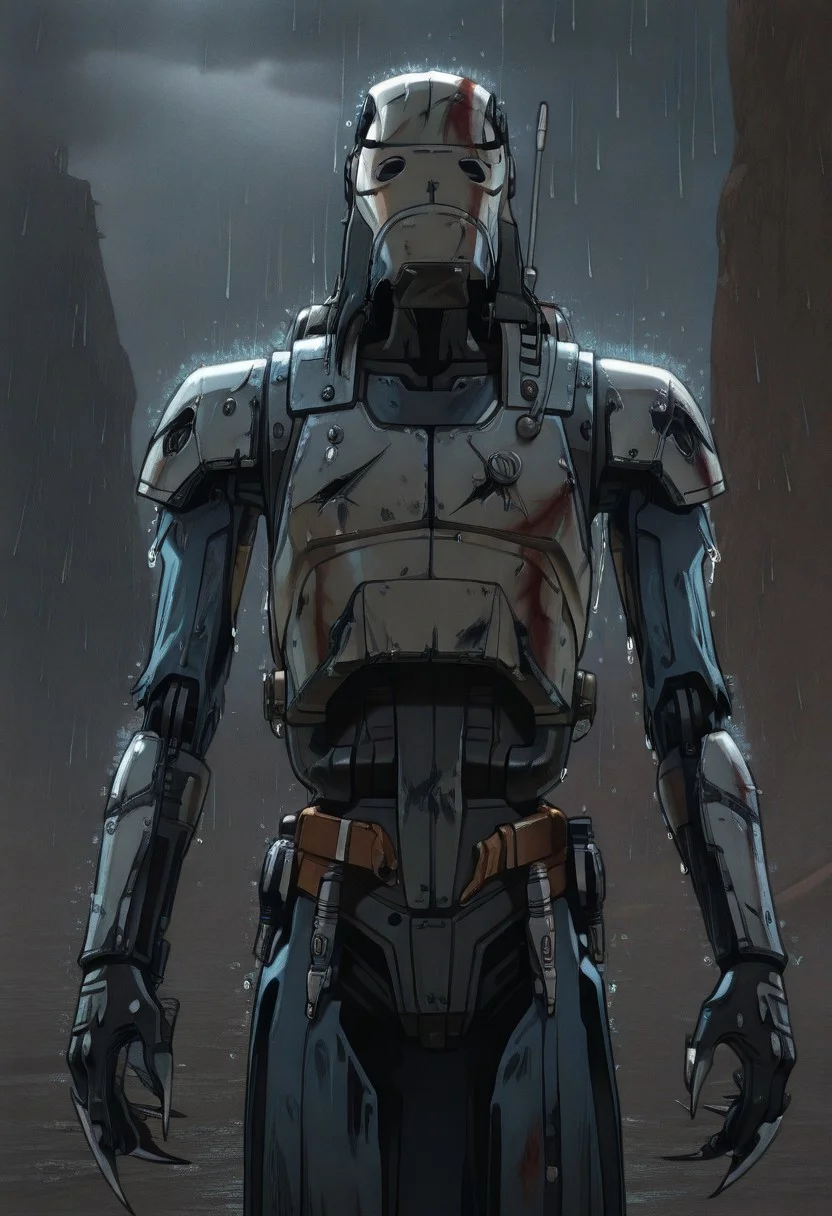 masterpiece, best quality, absurdres, gnsmth, anime screenshot, solo, battle damage, rusted, machine, rain, b1bd, cl4nker, clawed gloves, lightsaber,holding weapon, , starkiller-armor, star wars, science fiction,robot, mecha, claws, armor, aircraft, no humans,