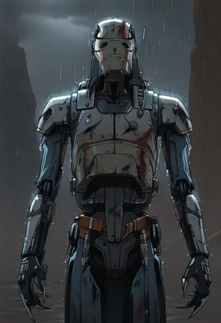 masterpiece, best quality, absurdres, gnsmth, anime screenshot, solo, battle damage, rusted, machine, rain, b1bd, cl4nker, clawed gloves, lightsaber,holding weapon, , starkiller-armor, star wars, science fiction,robot, mecha, claws, armor, aircraft, no humans,