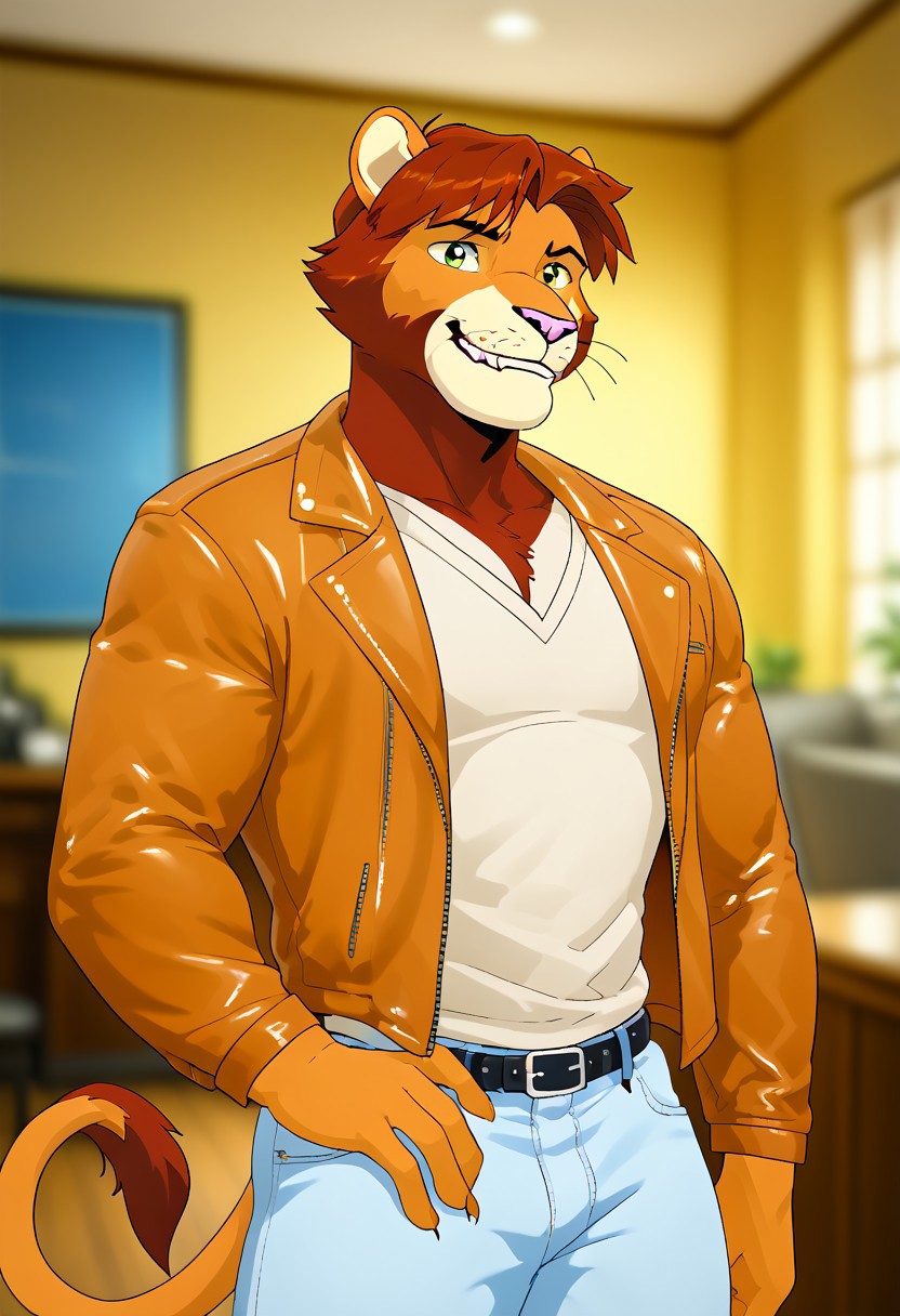 score_9, score_8_up, score_7_up, score_6_up, score_5_up, score_4_up, source_anime, source_furry, zPDXL3, furry_diffusion, <lora:TomSA_PXL-05:0.9>, tom, lion boy, lion tail, short hair, green eyes, brown fur, brown hair, solo, smirk, teeth, 1boy, looking at viewer, intricate details, masterpiece, unparalleled masterpiece, dutch angle, depth of field, cinematic lighting, great lighting, detailed background, indoors, inside, muscular male, bara, pectorals, large pectorals, white shirt, leather jacket, open jacket, open clothes, jeans, belt, tight pants, feet out of frame, close-up, posing, pose, upper body