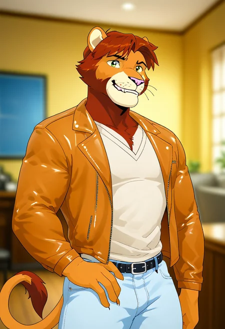 score_9, score_8_up, score_7_up, score_6_up, score_5_up, score_4_up, source_anime, source_furry, zPDXL3, furry_diffusion, <lora:TomSA_PXL-05:0.9>, tom, lion boy, lion tail, short hair, green eyes, brown fur, brown hair, solo, smirk, teeth, 1boy, looking at viewer, intricate details, masterpiece, unparalleled masterpiece, dutch angle, depth of field, cinematic lighting, great lighting, detailed background, indoors, inside, muscular male, bara, pectorals, large pectorals, white shirt, leather jacket, open jacket, open clothes, jeans, belt, tight pants, feet out of frame, close-up, posing, pose, upper body
