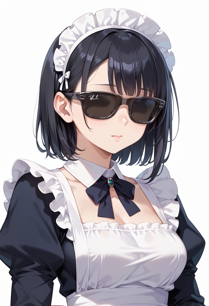 score_9, score_8_up, score_7_up, rating_safe, masterpiece, best quality, absurdres, unity 8k wallpaper, official art, official style, source_anime, uncensored, game cg, megami magazine,
1girl, solo, black hair, medium hair, upper body, covered eyes,maid, maid headdress, black dress, maid apron, face focus,
sg_WAYFARER, sunglasses, covered eyes, white background, simple background, 
 <lora:glasses_wayfarer_PONY_V1:1>