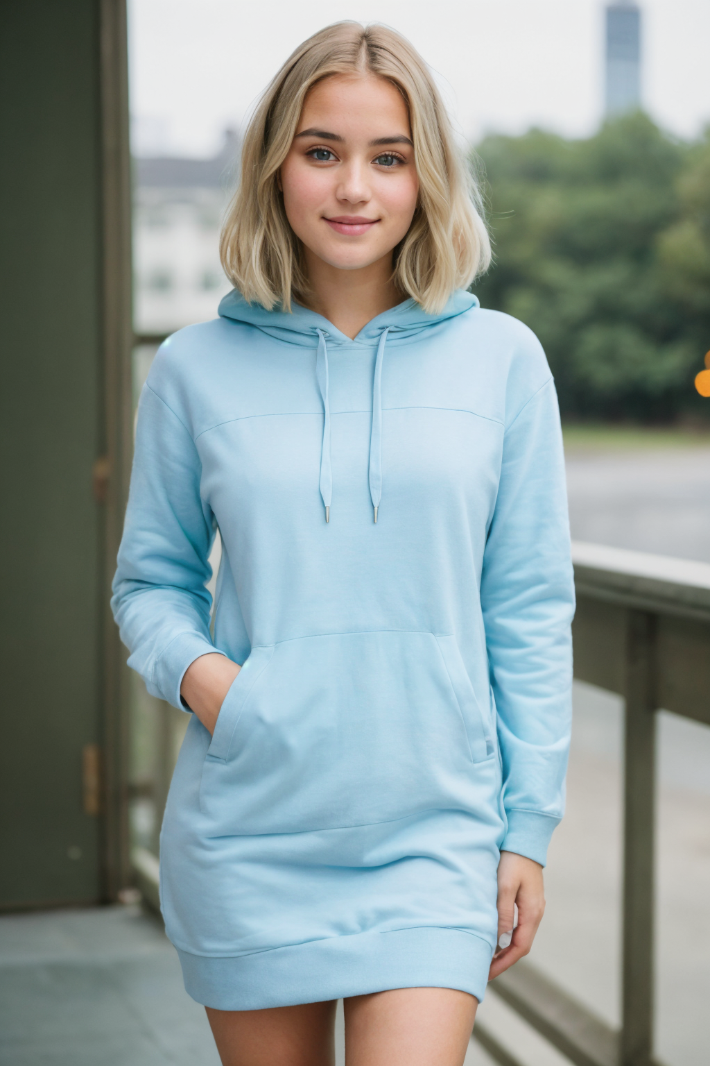 a beautiful college girl with white-hair and blue-eyes, irresistible, standing in front of window, ideal cute face, (casual:1.2), wearing hooded dress, pale skin, blush, detailed skin, innocent, natural lighting, film grain, retro, (bokeh:1.3), Porta 160 color, shot on ARRI ALEXA 65, sharp focus on subject, Fujifilm XT-3, <lora:picxer_real:0.8>,  <lora:bthoddre:0.7>