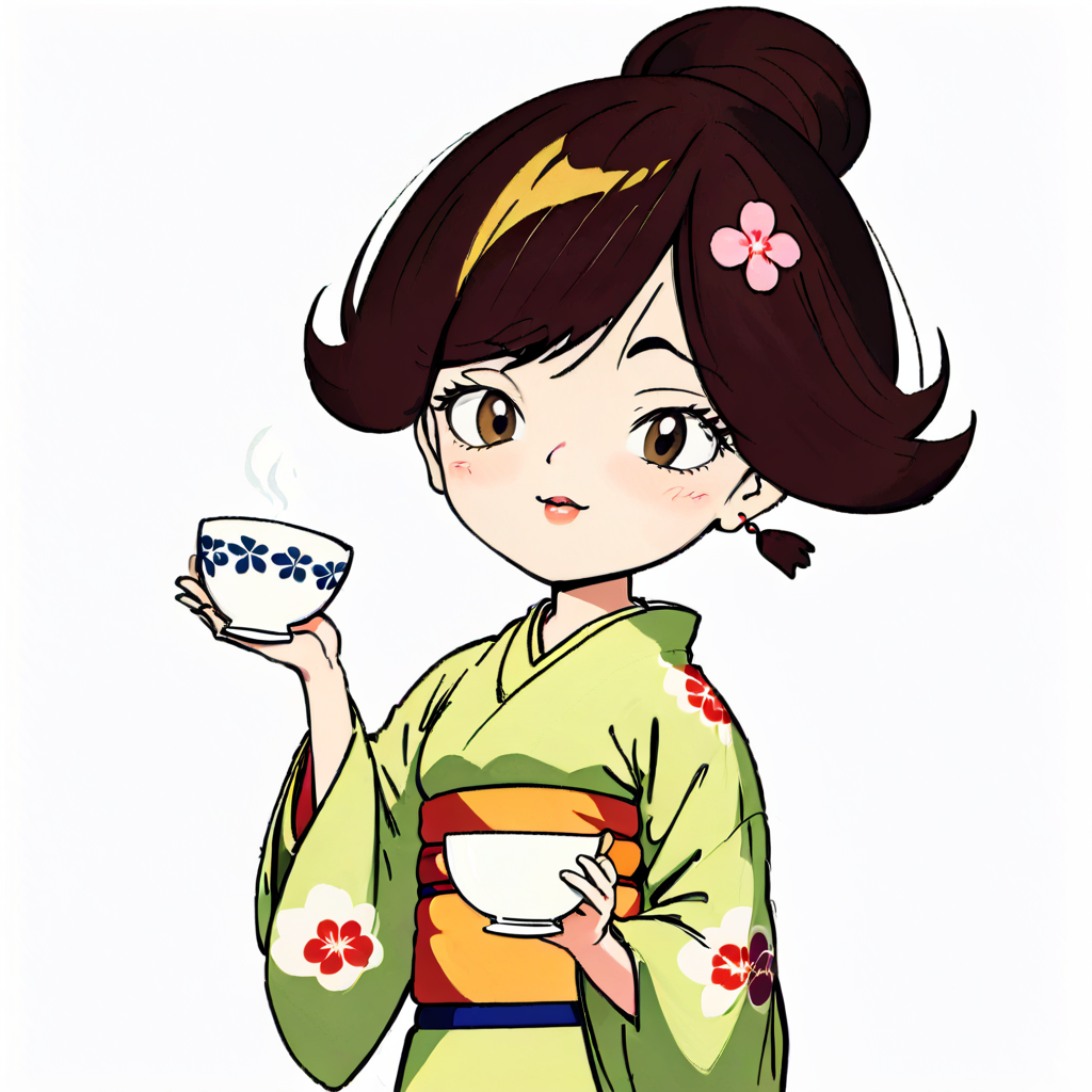 A cartoon character that is an anthropomorphic representation of a tea cup transformed into a beautiful woman. She should be wearing a traditional Japanese kimono that is rich in color and detail. Her facial features should be delicate and expressive, perhaps with a slight smile or a look of serenity. The tea cup handle could creatively be integrated into her hairstyle or accessories. The background should complement the character, possibly including elements like a tea set or a Japanese garden to emphasize the theme,<lora:anpan:0.75>
