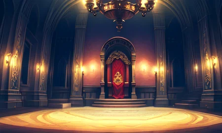 ((extreme detail)),(ultra-detailed),extremely detailed CG unity 8k wallpaper, best quality, masterpiece, castle interior, throne room, brick wall, shiny floor, scenery, no humans, stairs, sword, throne, regal, banner, exterior natural light, sunset<lora:OdinSphereStylev2:0.7>odinspherestyle,